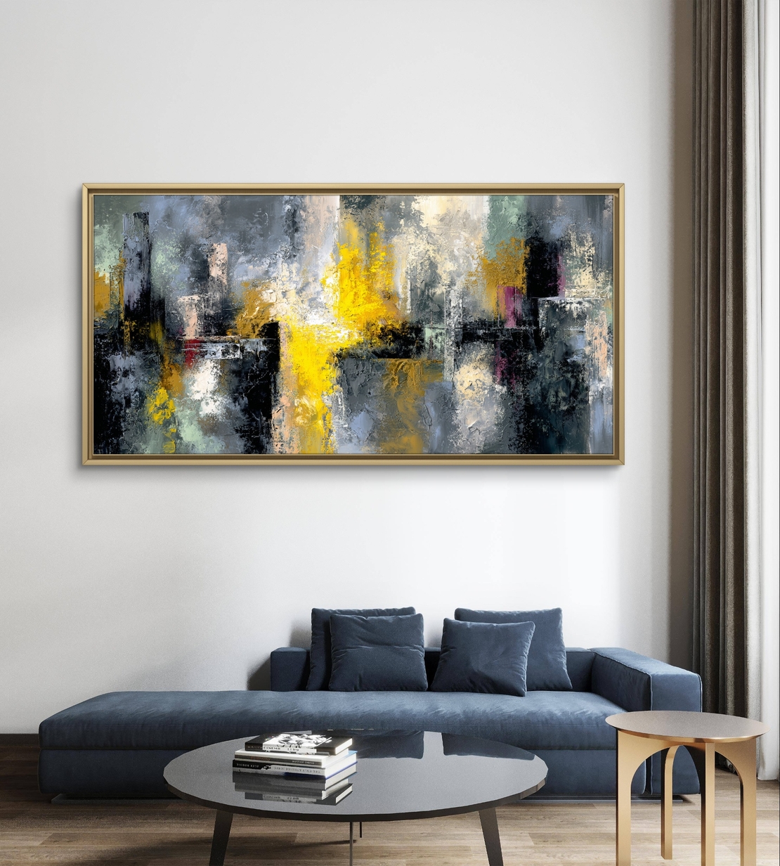 תמונת קנבס אבסטרקט עירוני – כתמי זהב וצהוב על רקע אפור ושחור | CJ6533