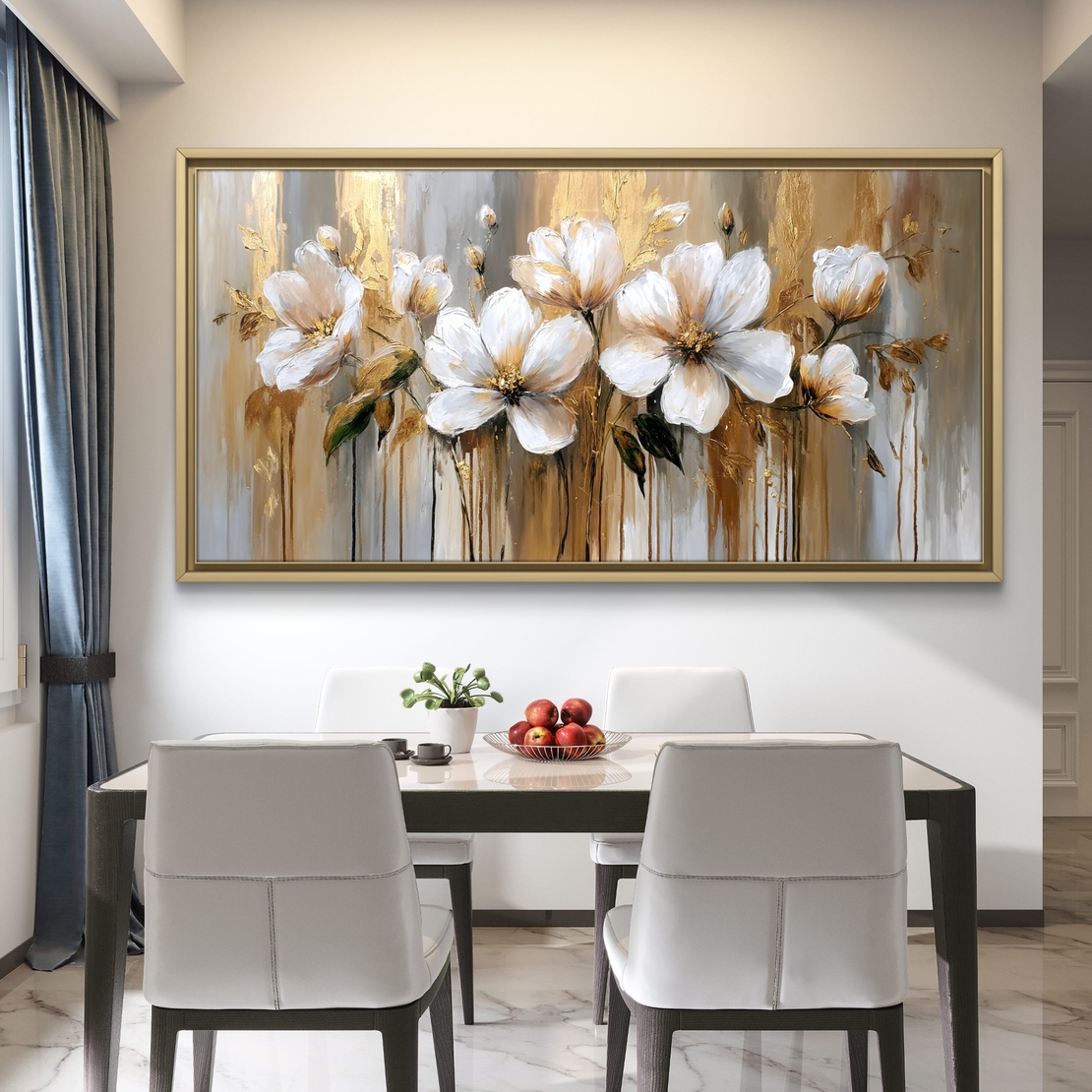 תמונת קנבס Golden Harmony – פרחים לבנים בעיצוב מופשט עם נגיעות זהב ואפור