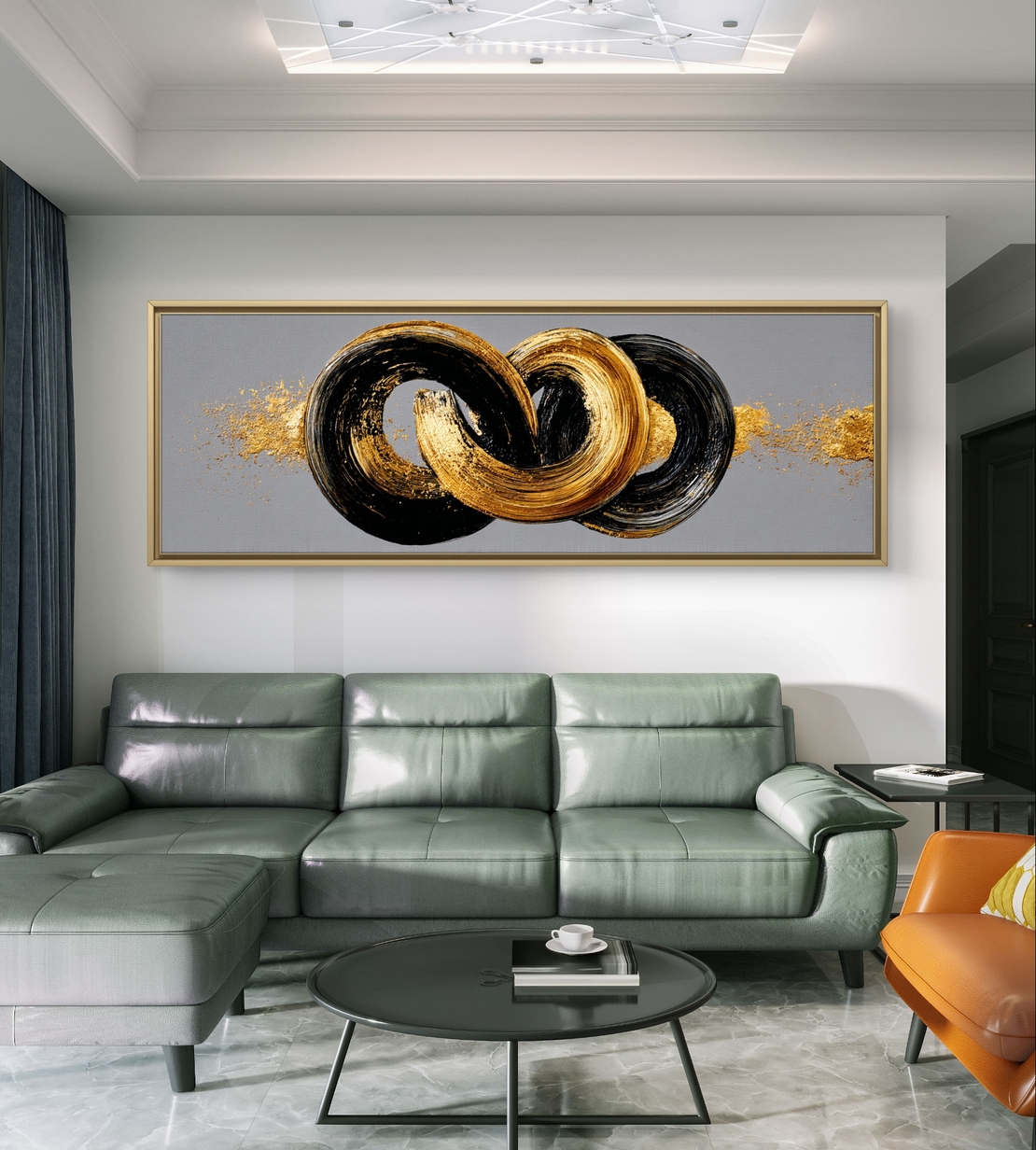 קשר אינסוף – תמונת קנבס פנורמית עם טבעות מכחול בשחור וזהב על רקע אפור | CT4673