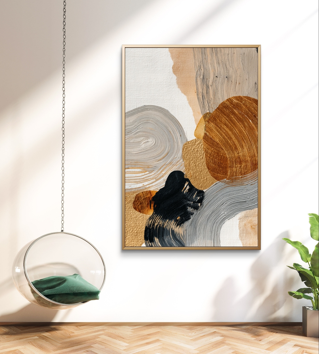 תמונת קנבס אבסטרקטית בגווני זהב, אפור, שחור ובז' עם הדפסה חלקה – תכשיט לבית