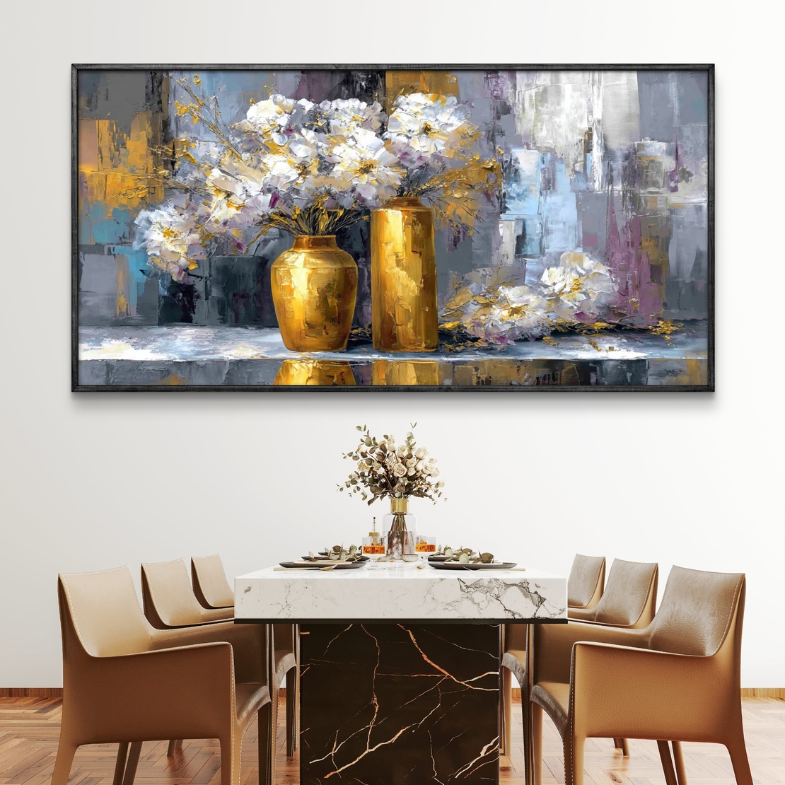 תמונת קנבס Golden Bloom – אגרטלי זהב עם פרחים לבנים על רקע מופשט יוקרתי