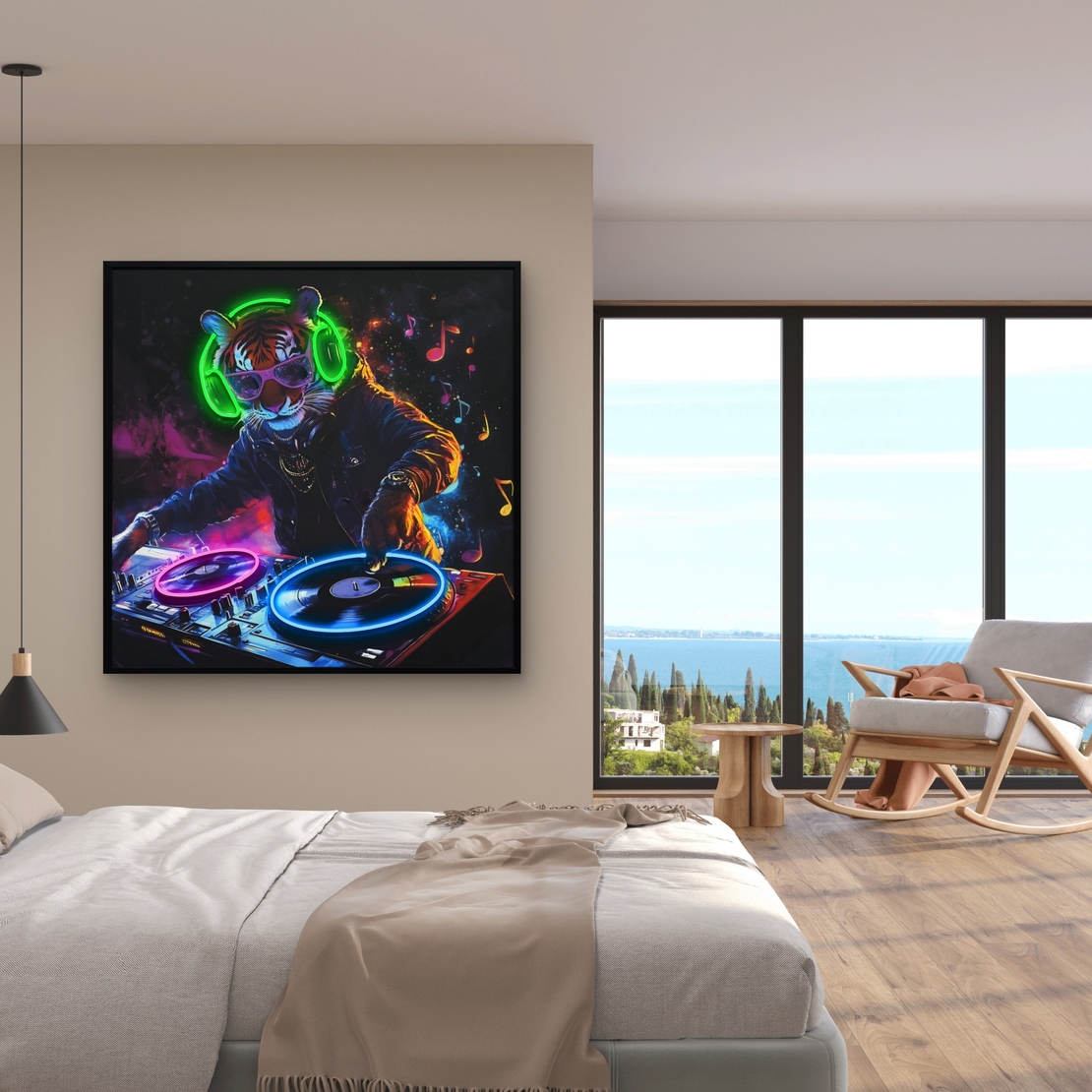 תמונת LED טיגריס DJ צבעוני – הדפס משודרג עם מריחות צבע, מופעלת על סוללות עם שלט רחוק - מידה 83*83