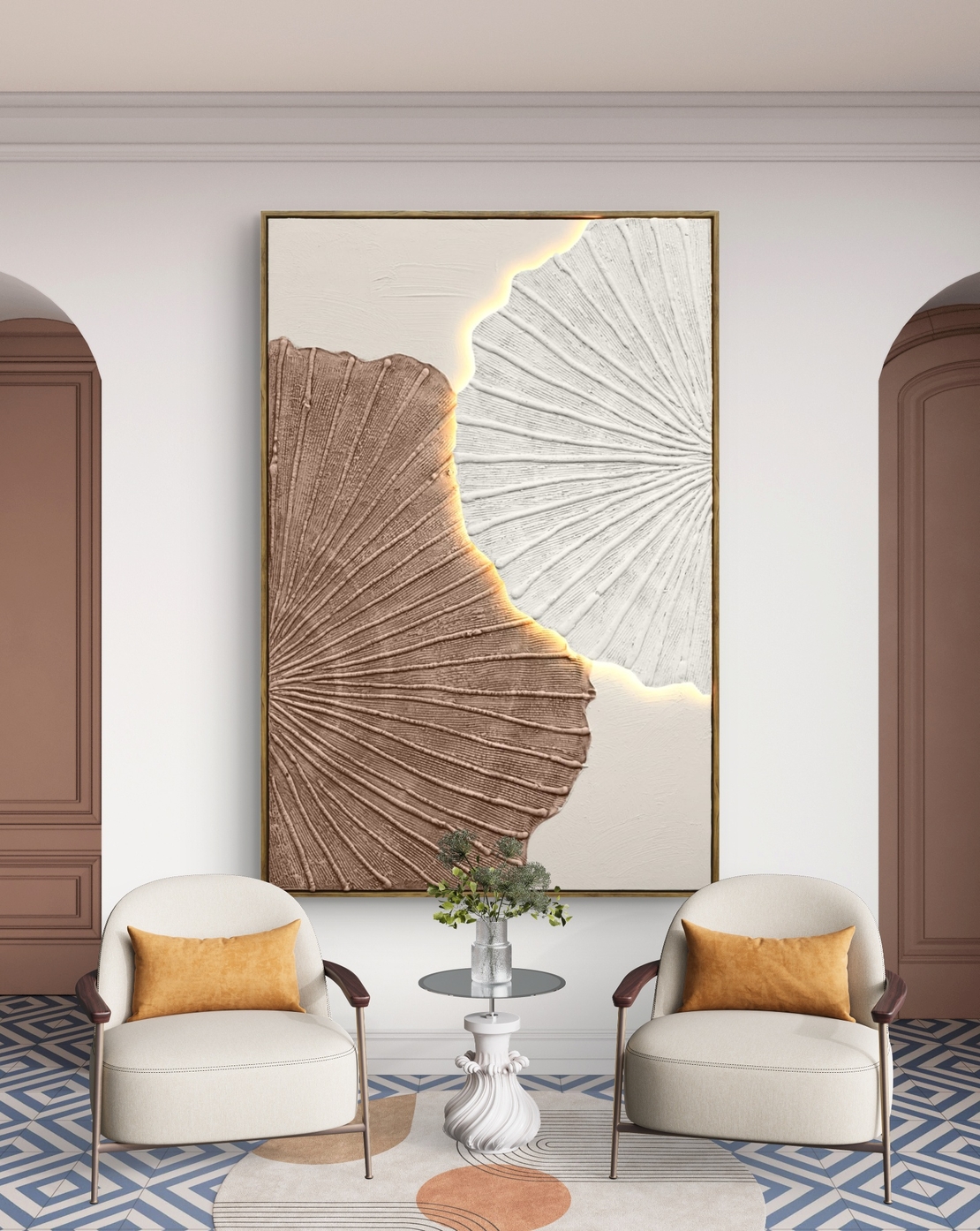 תמונת עלי מניפה אבסטרקטיים – אמנות LED על סוללות עם שלט רחוק-מידה 120*80