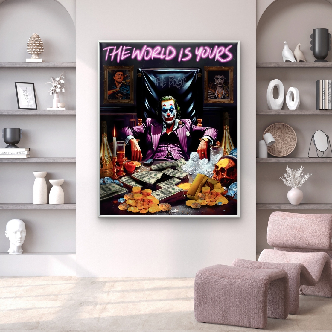 תמונת קנבס, הג'וקר, THE WORLD IS YOURS, אומנות לקיר, תמונות לבית, תמונות לסלון, עיצוב יוקרתי, תמונת פופ ארט, תכשיט לבית, קנבס איכותי, תמונות מעוצ