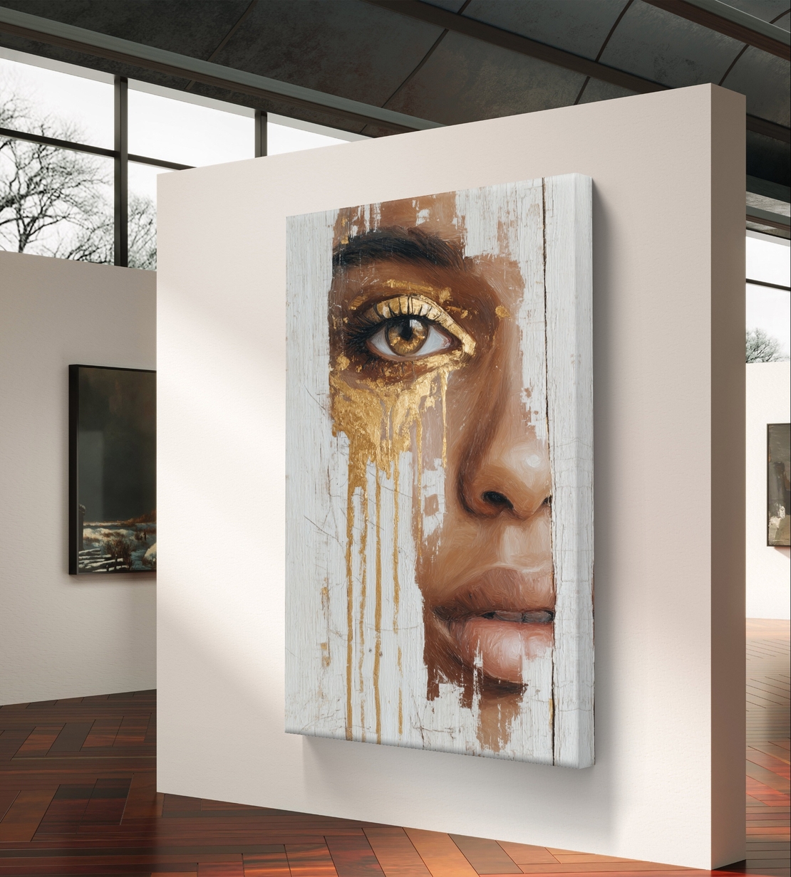 דיוקן נשי אומנותי עם מבט זהוב על קנבס בגווני חום, קרם וזהב בהדפסה חלקה