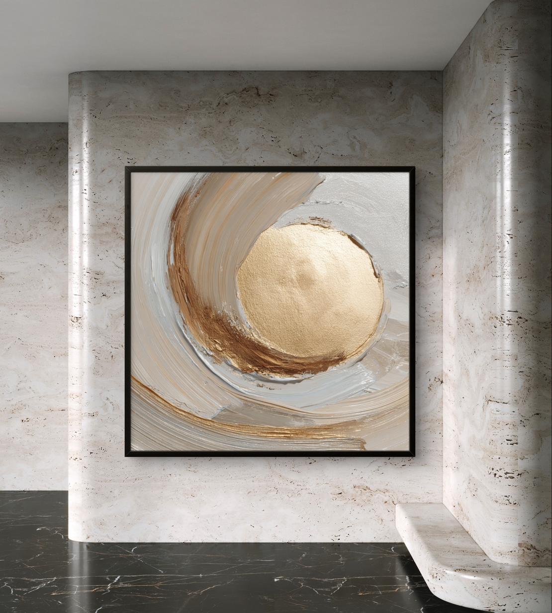 תמונת קנבס מרובעת אבסטרקטית בגווני שמנת עם אלמנט עגול זהוב במרכז, הדפסה חלקה ללא תבליט