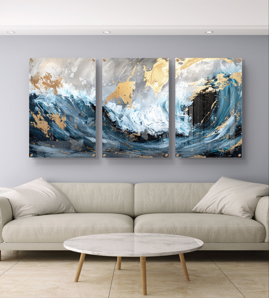 שלשת תמונות זכוכית גלים אבסטרקטיים בכחול, לבן וזהב – דגם GG5472