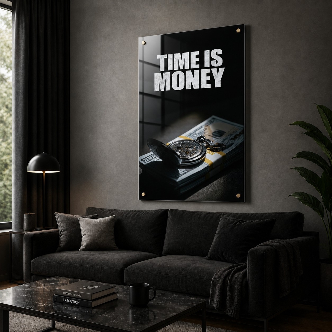 זמן שווה כסף – תמונת זכוכית מוטיבציה עסקית למשרד ולסלון | MG1871