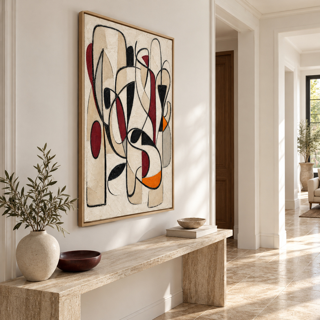 תמונת קנבס אבסטרקט גאומטרי בבורדו שחור וכתום | דגם BT7063