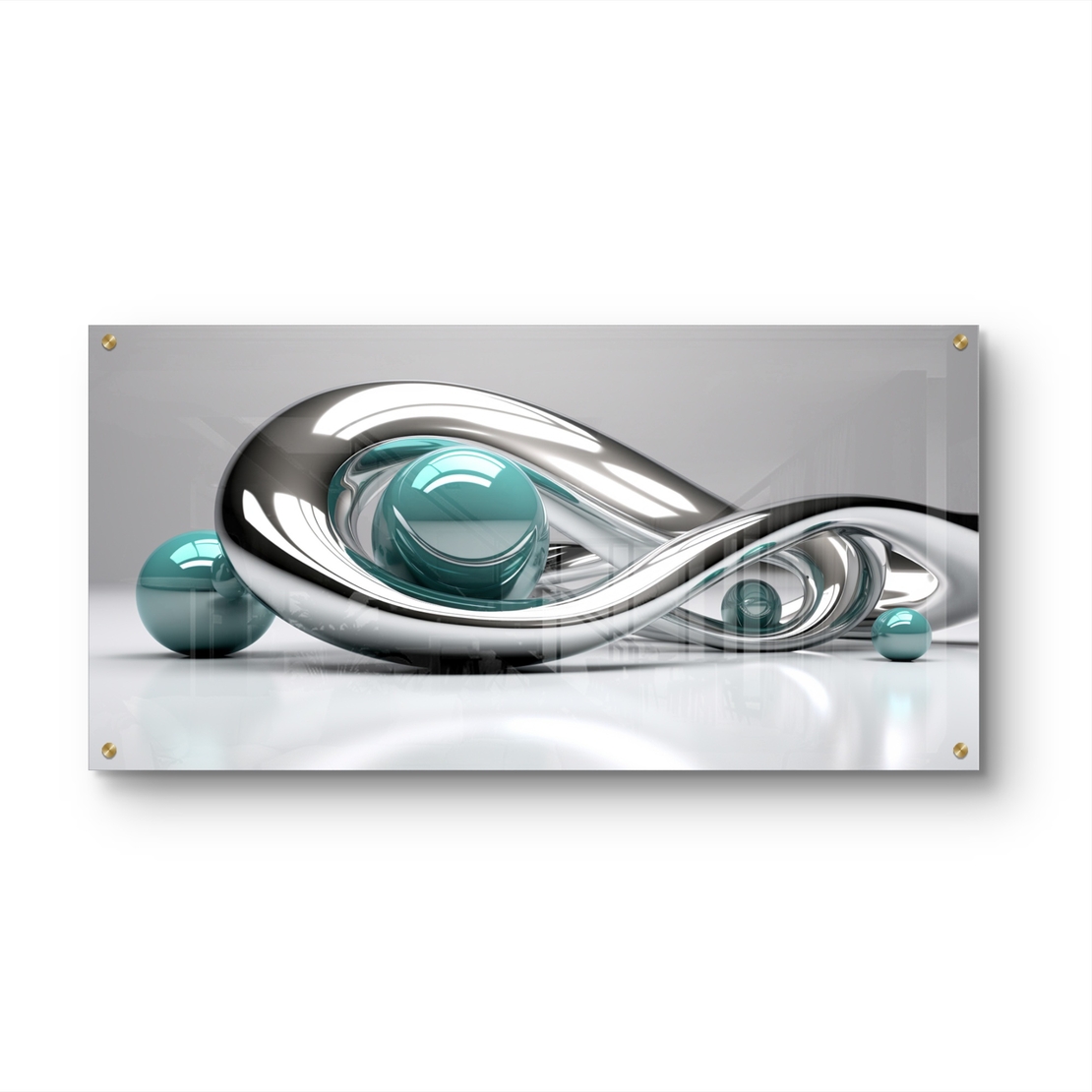 אינסוף כרום – תמונת זכוכית אבסטרקטית עם קימורי כסף וכדורי טורקיז | GP1391