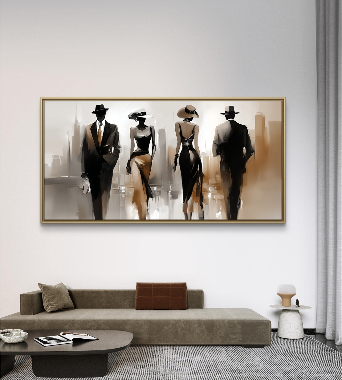 תמונת קנבס לרוחב עם דמויות אופנתיות בגווני שחור ובז׳ בסגנון עירוני אלגנטי, בהדפסה חלקה לעיצוב מודרני ויוקרתי.