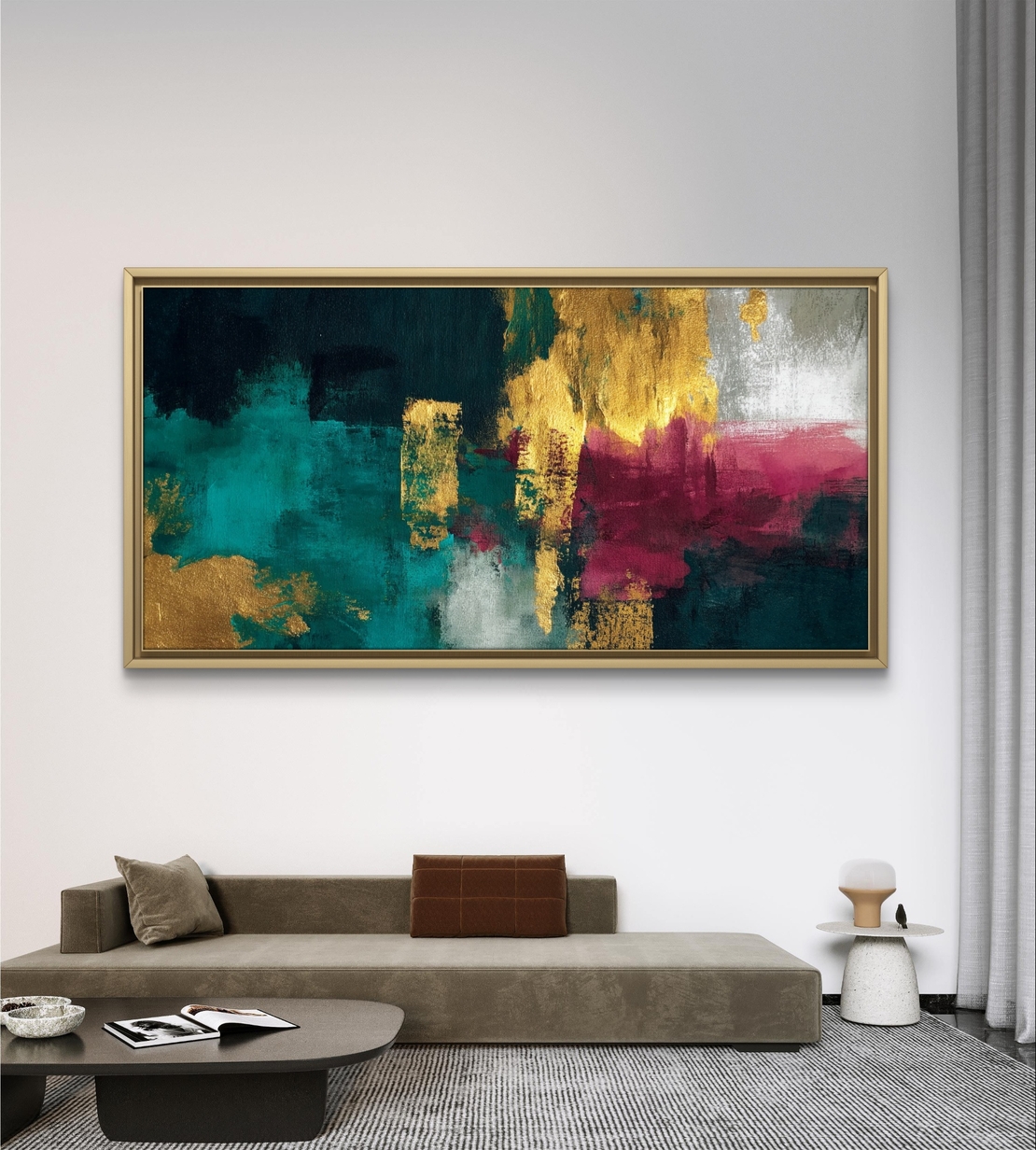 תמונת קנבס לרוחב בגווני טורקיז, זהב ובורדו בעיצוב אבסטרקט מודרני – תכשיט לבית