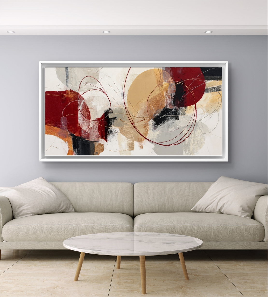 תמונת קנבס לרוחב בסגנון אבסטרקט עם מעגלים וקווים עדינים בגוונים חמים של אדום, בז’ וחרדל, לעיצוב סלון מודרני