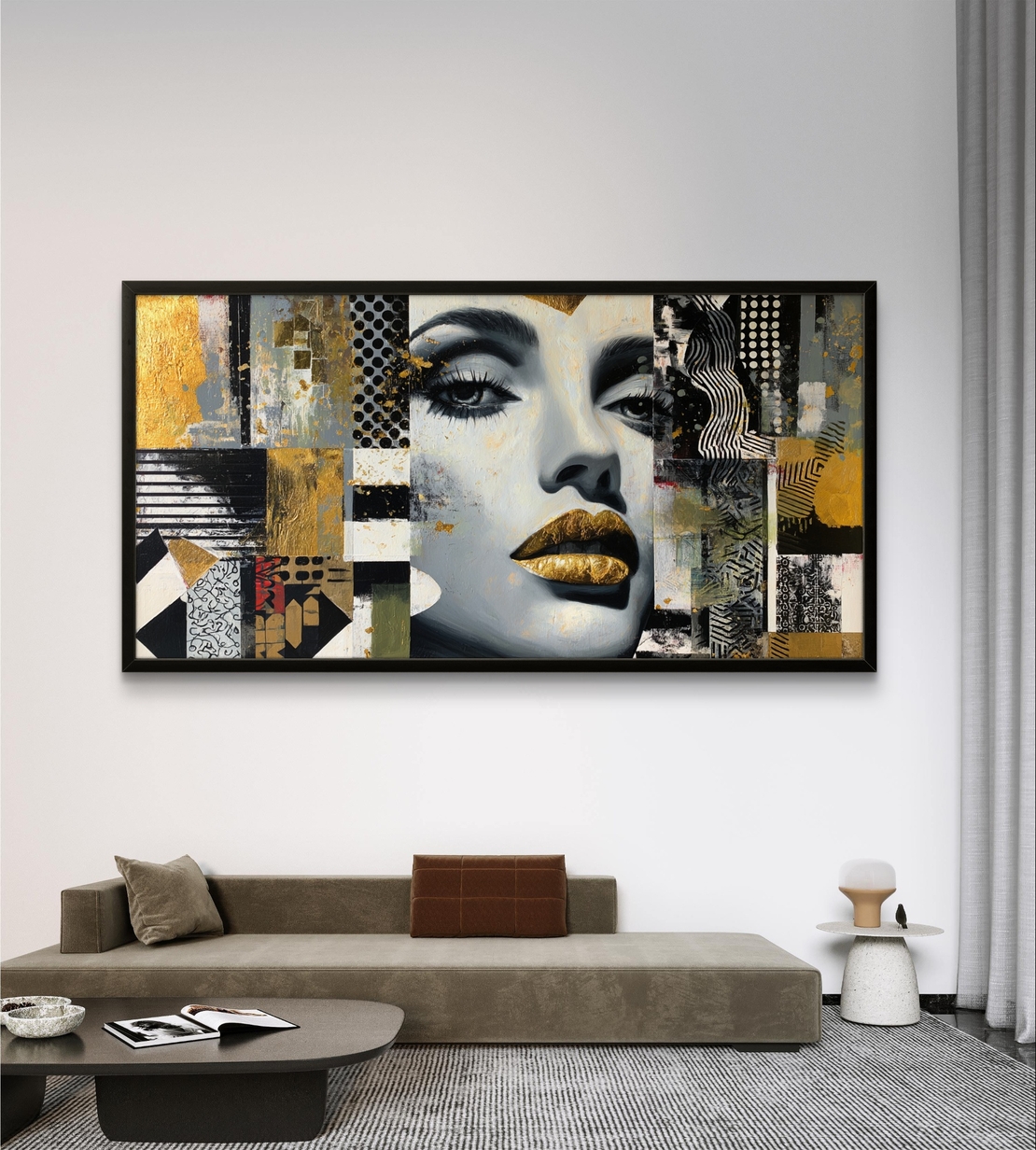 תמונת קנבס לרוחב עם דיוקן נשי אבסטרקטי ונגיעות זהב בגווני שחור, לבן ואפור, בהדפסה חלקה לעיצוב מודרני ויוקרתי.