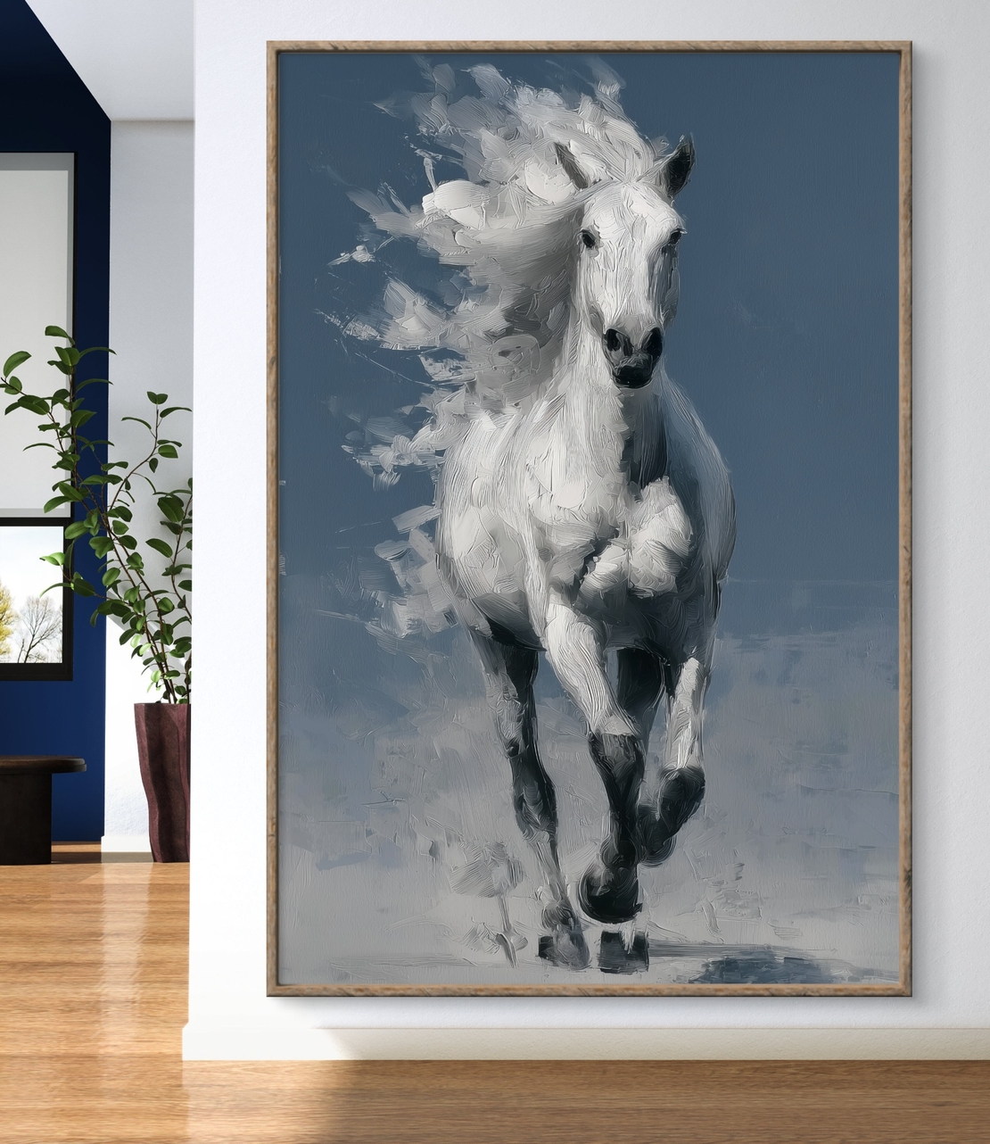 תמונת קנבס של סוס לבן דוהר על רקע כחול עמוק