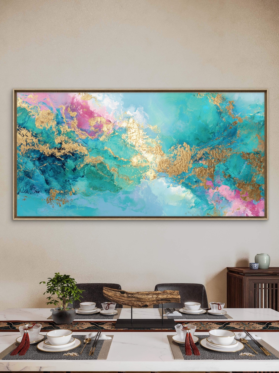 תמונת קנבס רחבה בגווני טורקיז ורוד עם נגיעות זהב – עיצוב מודרני