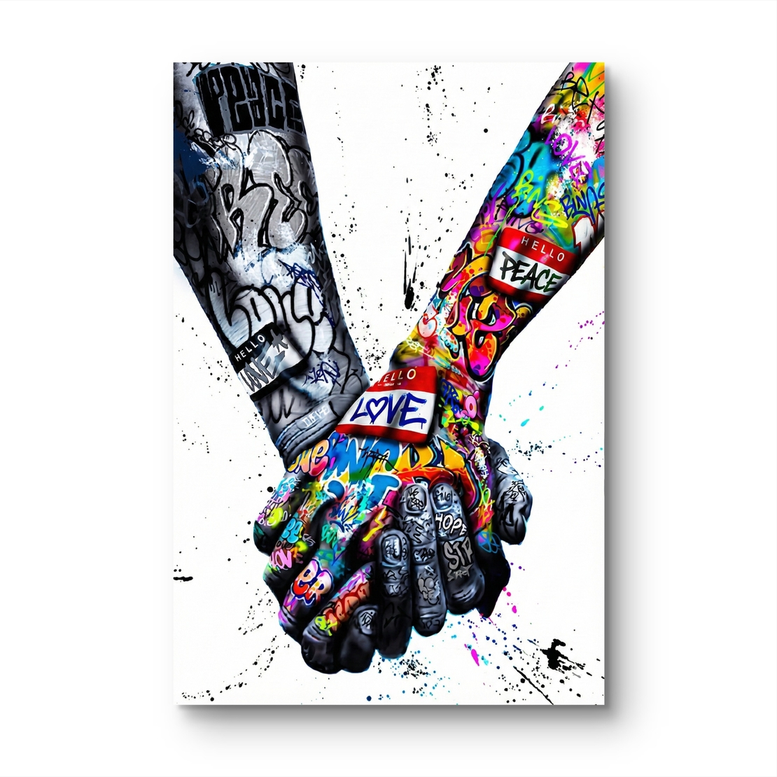 תמונת קנבס מוטיבציונית של שתי ידיים שלובות בעיצוב גרפיטי צבעוני עם מסר של חיבור, אהבה ואחדות