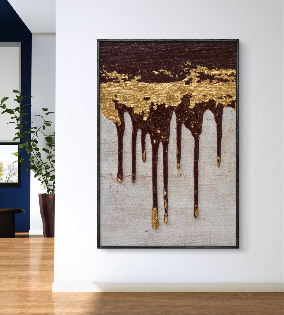 תמונת קנבס מופשטת בגווני זהב ויין כהה עם אפקט טיפות בהדפסה חלקה ללא תבליט – תכשיט לבית