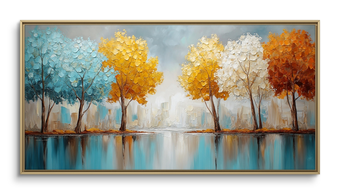 תמונת קנבס לרוחב עם עצים צבעוניים המשתקפים במים רגועים.
