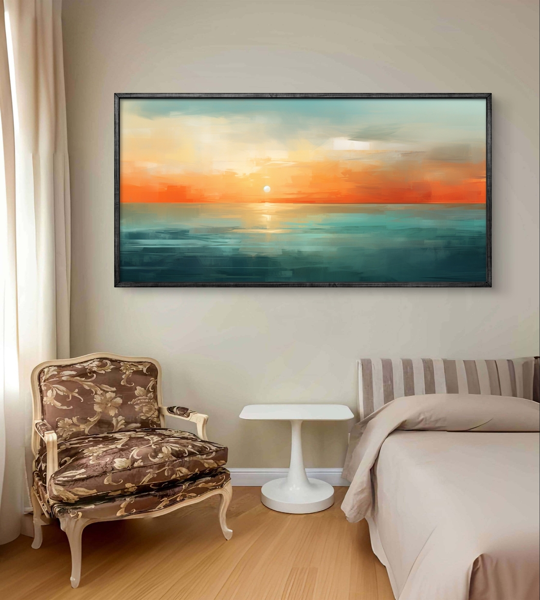 תמונת קנבס לרוחב עם שקיעה אבסטרקטית מעל הים בגווני תכלת, כתום וחול בעיצוב רגוע ואלגנטי