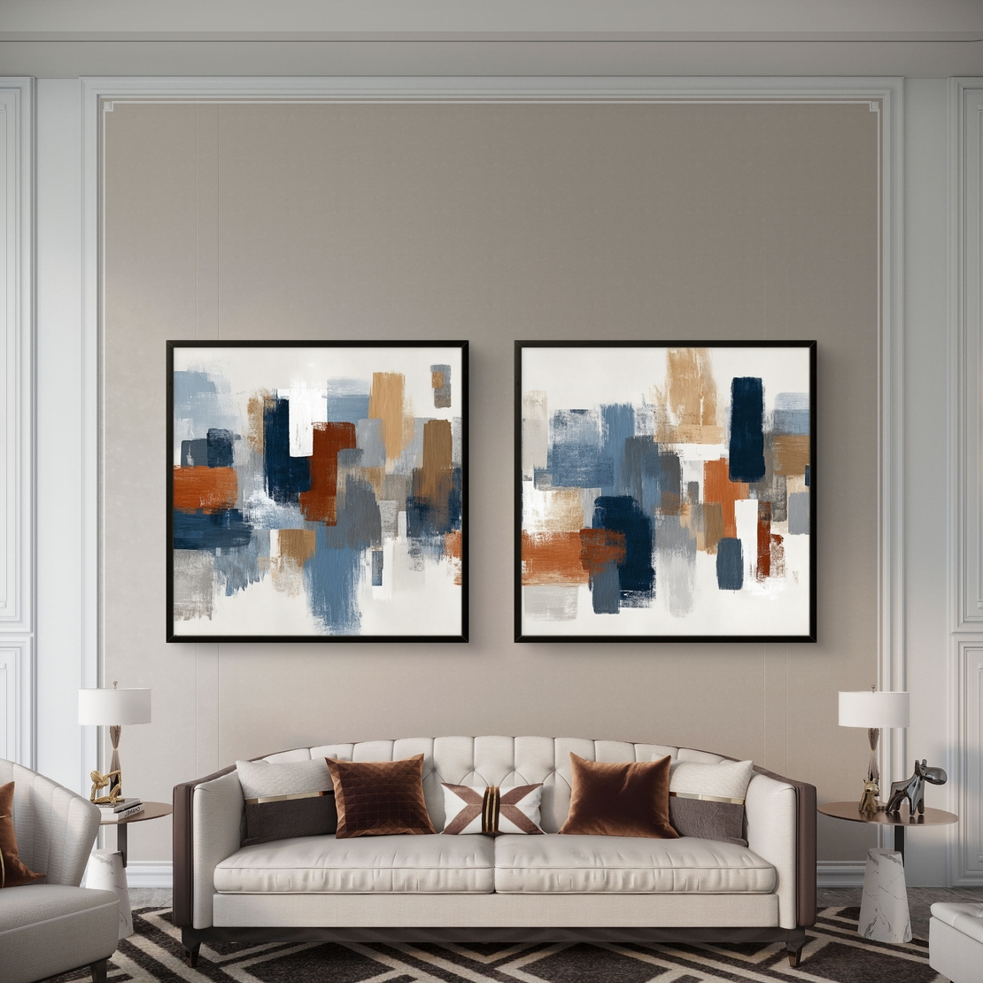זוג קנבסים אבסטרקטיים מעוצבים לקיר סלון בגוונים חמים וקרים משולבים