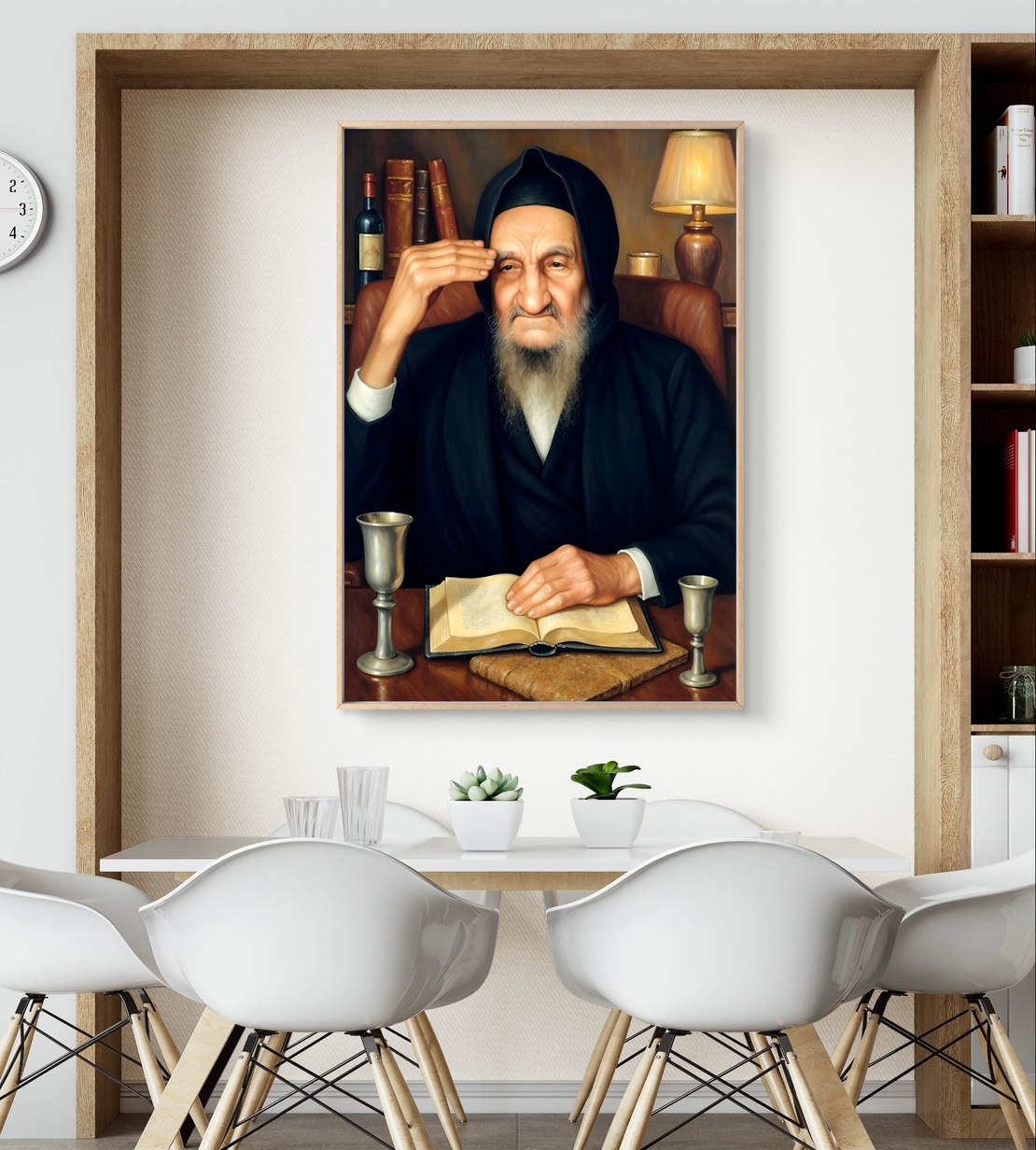 תמונת קנבס אומנותית של הבבא סאלי יושב ליד שולחנו, עם ספר קדוש פתוח, כוס קידוש ונרות ברקע. יצירה המשדרת קדושה, חוכמה וברכה, מתאימה לבית יהודי, בתי כנסת וחללים רוחניים.
