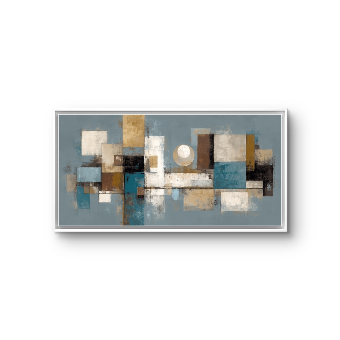 תמונת קנבס לרוחב בסגנון אבסטרקט גאומטרי בגווני כחול ובז’ לעיצוב הבית