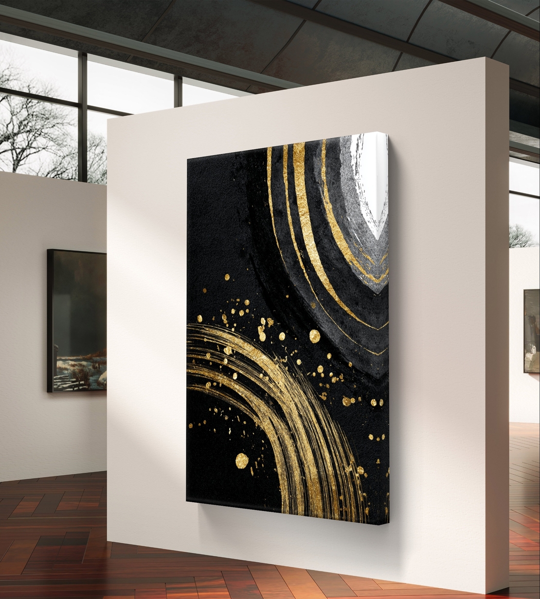 מעגלי זהב על שחור – תמונת קנבס אבסטרקט יוקרתית בשחור, לבן וזהב | DC4473