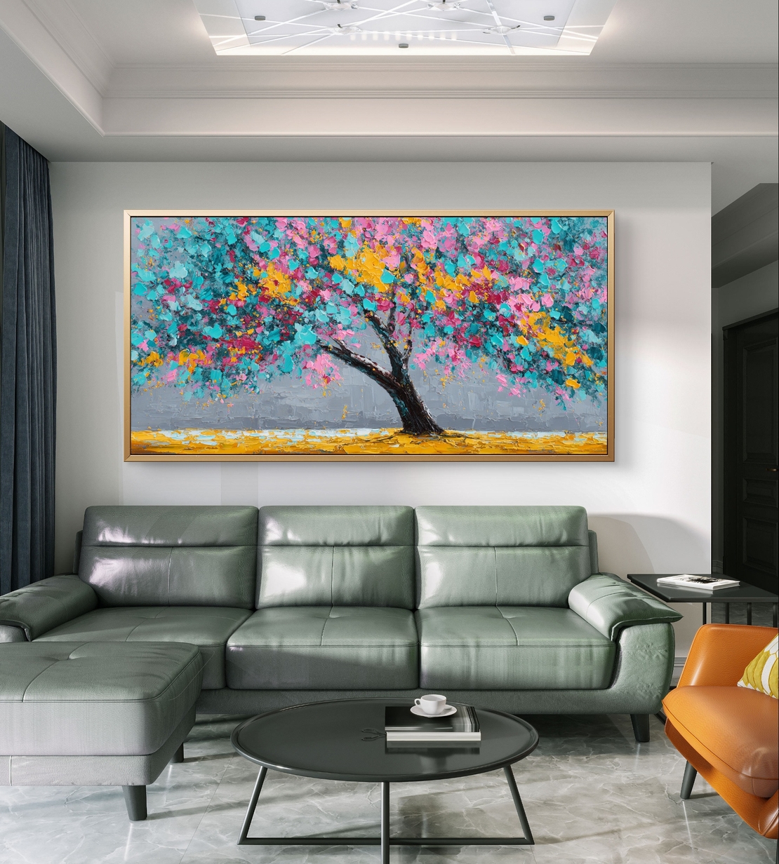 פריחת שמחה – תמונת קנבס עץ צבעוני בגווני טורקיז, ורוד וצהוב | CK4813