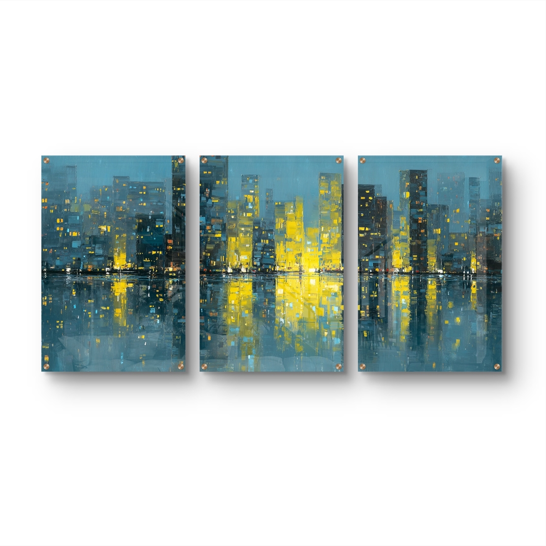 שלישיית תמונות זכוכית עם נוף עירוני אבסטרקטי ואורות זהב המשתקפים במים בעיצוב מודרני