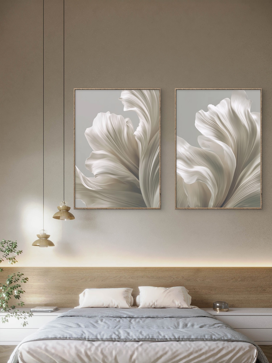 זוג תמונות קנבס בגווני שנהב רכים עם תנועה אלגנטית וזורמת מתוך קולקציית NEXTGEN BY BAR של תכשיט לבית.