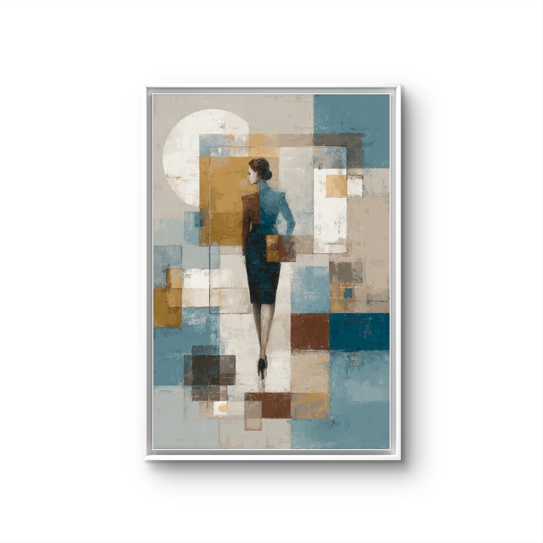 דמות בין בלוקים – תמונת קנבס אבסטרקט מודרנית בכחול, זהב ולבן | CY1211