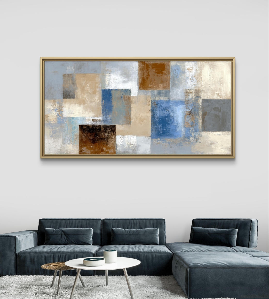 תמונת קנבס לסלון אבסטרקט גיאומטרי בגווני כחול, שמנת, אפור וקרמל, פורמט רוחבי