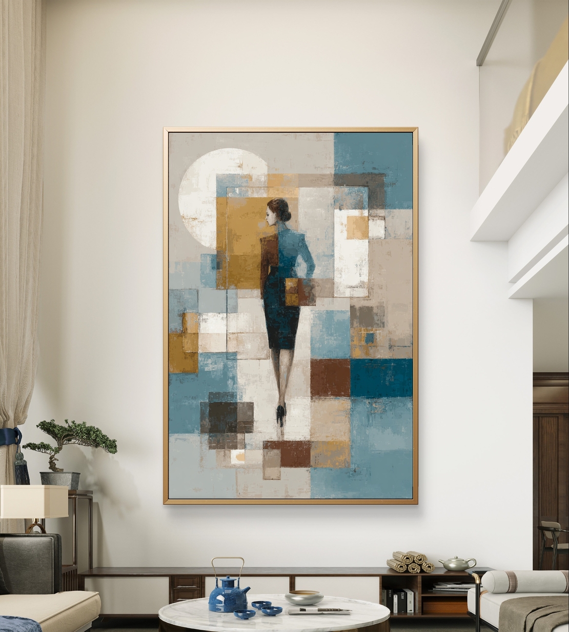 דמות בין בלוקים – תמונת קנבס אבסטרקט מודרנית בכחול, זהב ולבן | CY1211