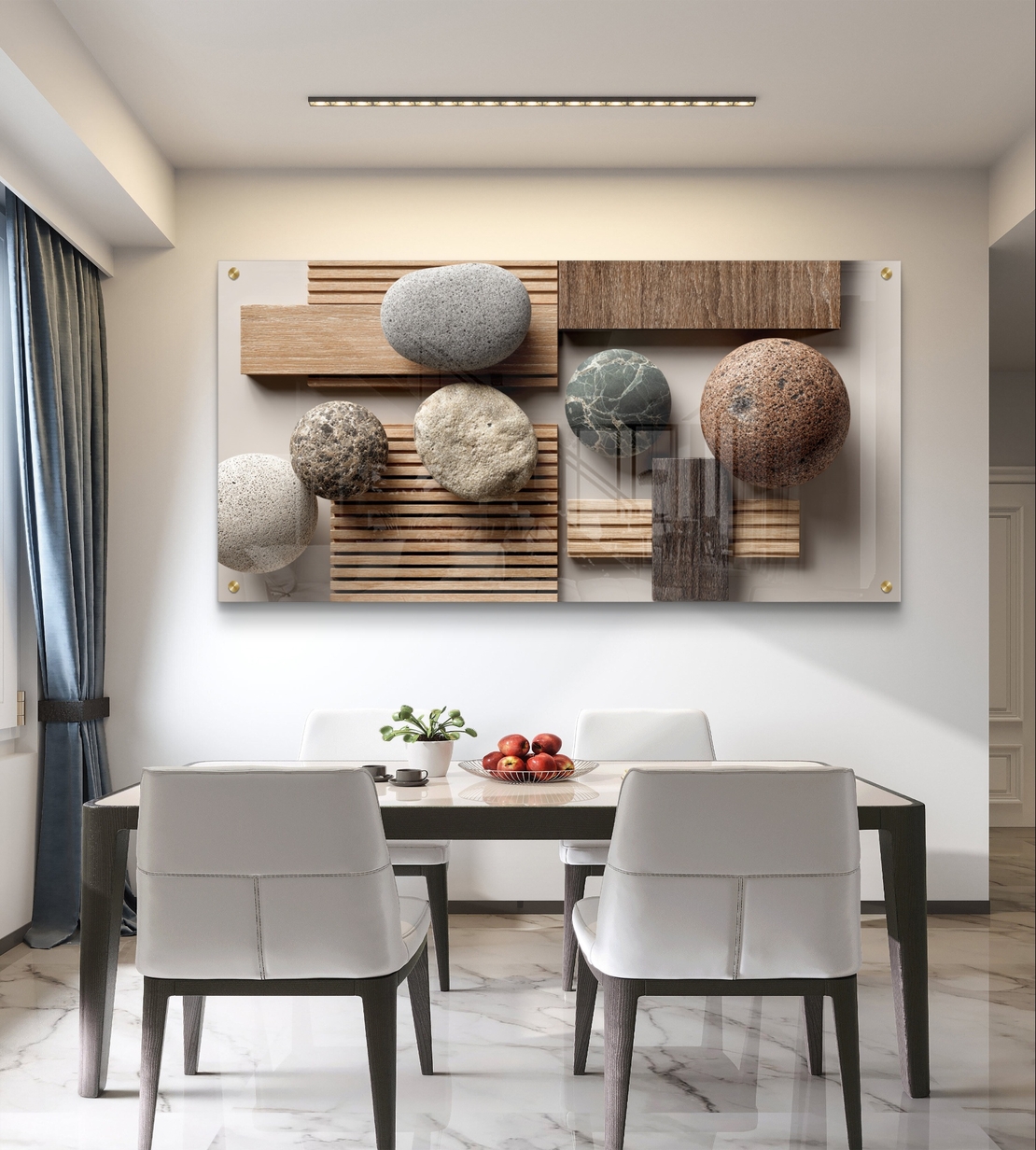 תמונת זכוכית לרוחב עם אבנים טבעיות וטקסטורת עץ בעיצוב מינימליסטי רגוע