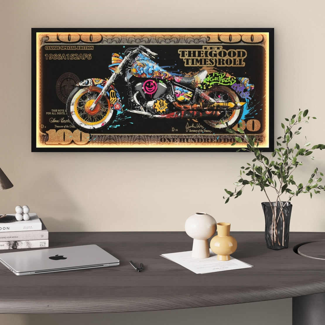 תמונת LED אופנוע על שטר מעוצב – הדפס משודרג עם מריחות צבע, מופעלת על סוללות עם שלט רחוק מידה 123*63 ס