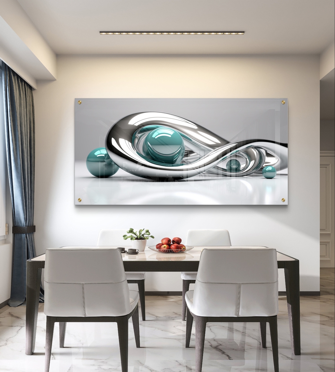 אינסוף כרום – תמונת זכוכית אבסטרקטית עם קימורי כסף וכדורי טורקיז | GP1391