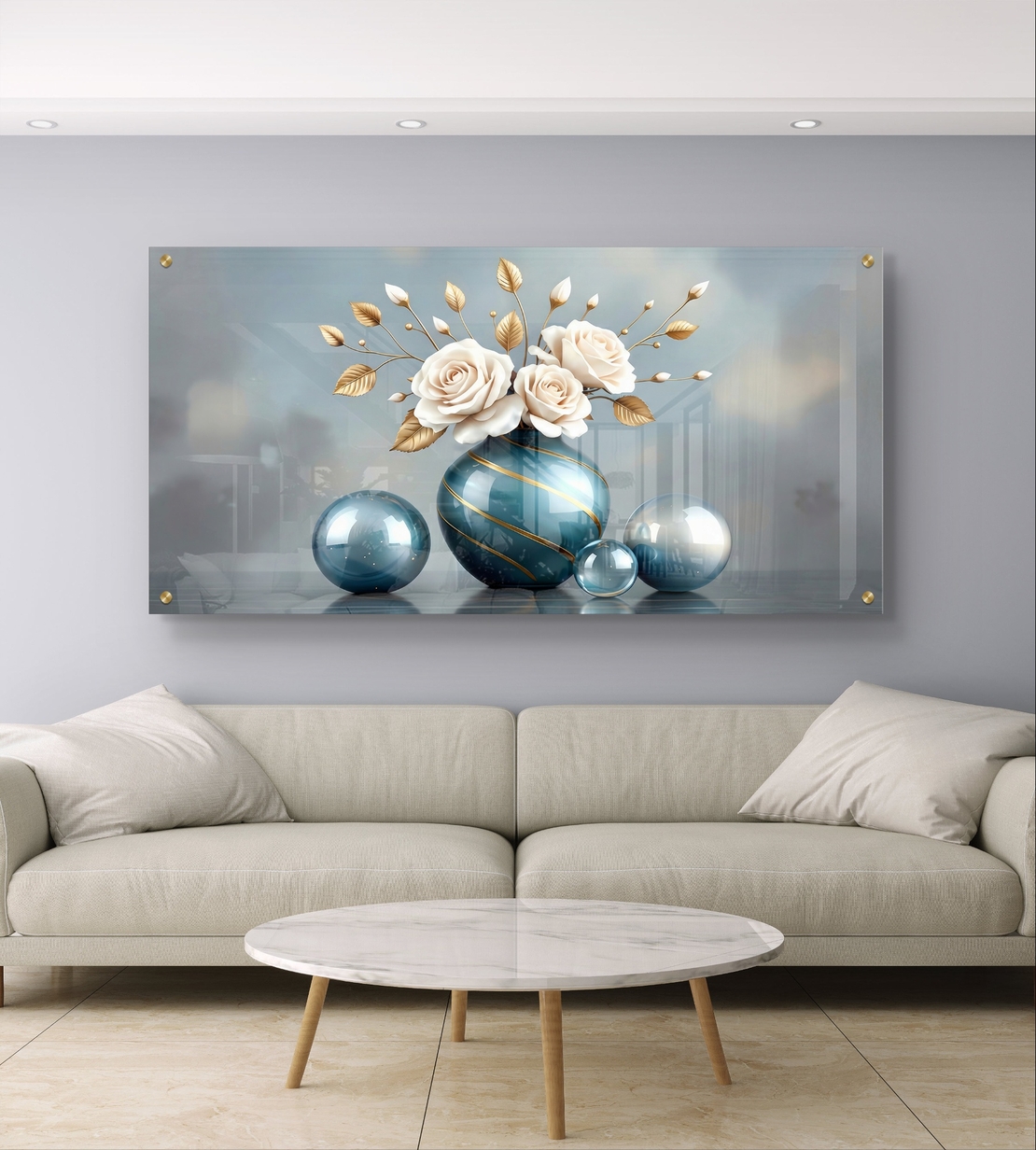 אגרטל טורקיז – תמונת זכוכית אגרטל טורקיז עם ורדים לבנים ועלים מוזהבים | PN1002