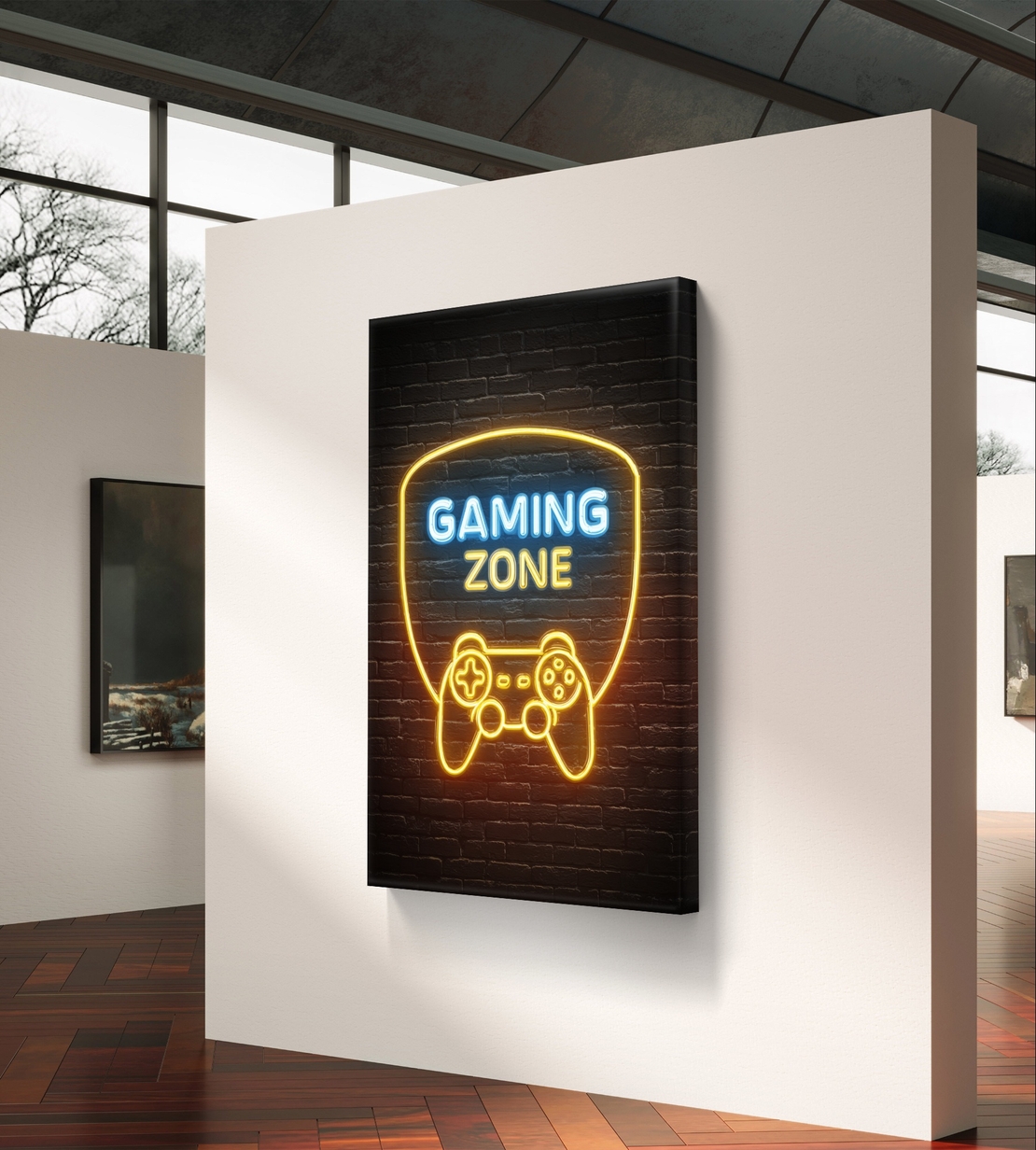 תמונת קנבס עם כיתוב Gaming Zone בעיצוב ניאון ובקר משחק על רקע כהה, מתאימה לחדר גיימינג וחדר נוער