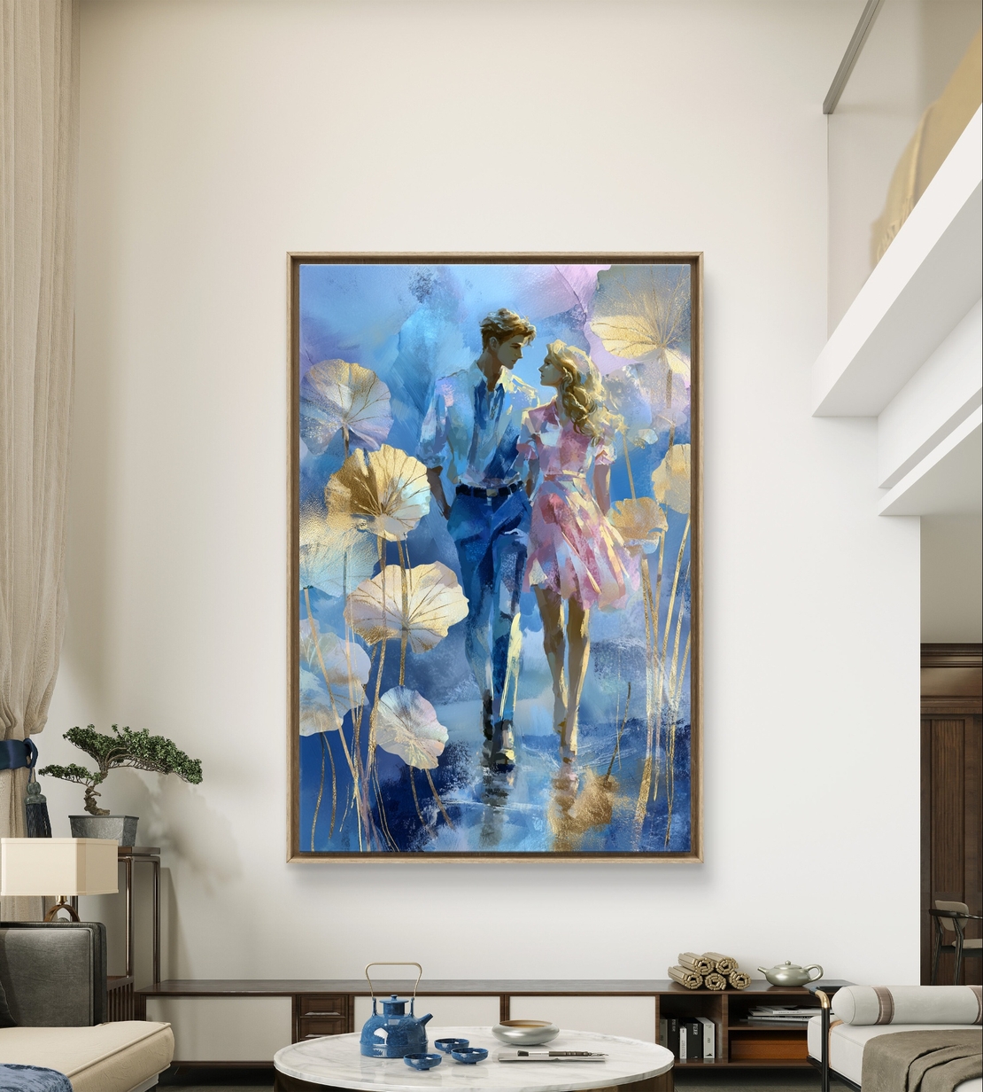 הליכה רומנטית בכחול – תמונת קנבס זוגית בגווני כחול, ורוד וזהב | CY1215
