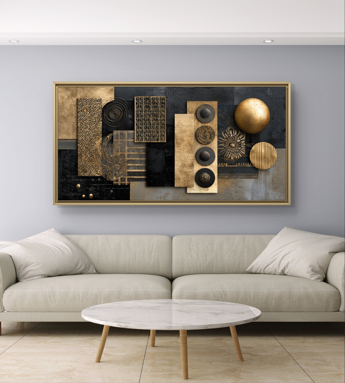 תמונת קנבס אבסטרקטית לרוחב בגווני שחור וזהב עם צורות גאומטריות וטקסטורות יוקרתיות
