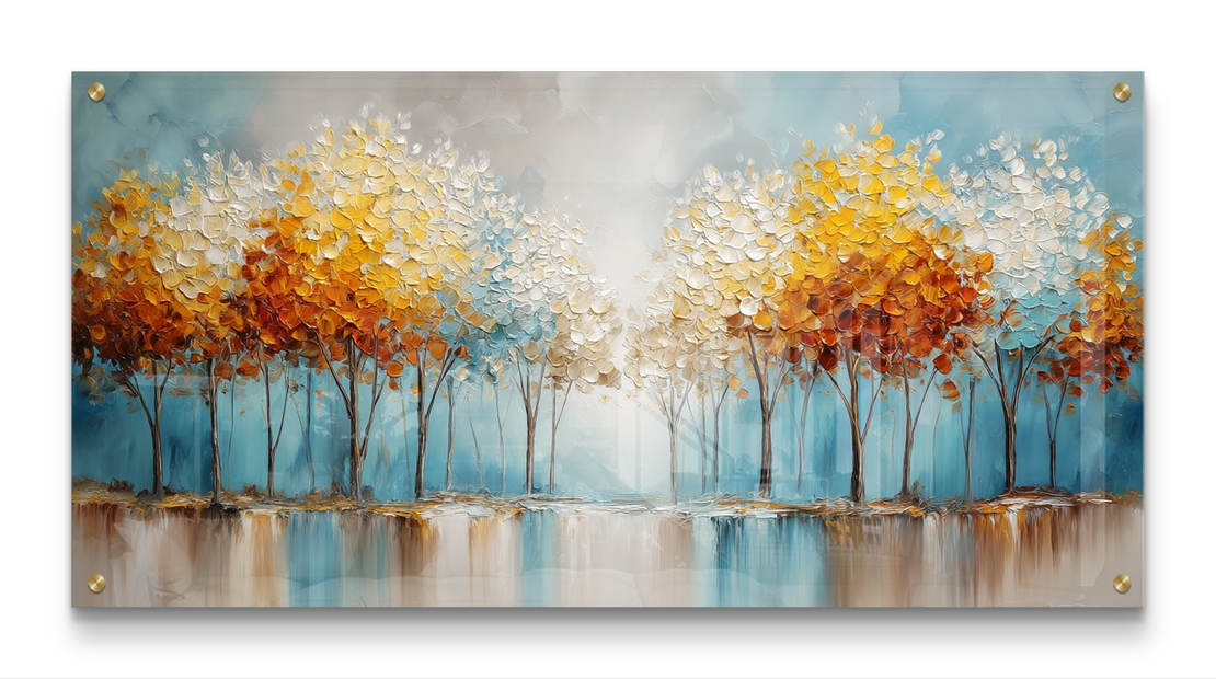 תמונת זכוכית לרוחב עם שדרת עצים בגווני תכלת וזהב המשתקפים במים, בהדפסה חלקה לעיצוב קיר יוקרתי ומרגיע.