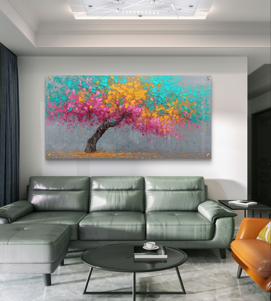 תמונת זכוכית לרוחב עם עץ צבעוני בגווני ורוד טורקיז וצהוב בעיצוב מודרני לסלון