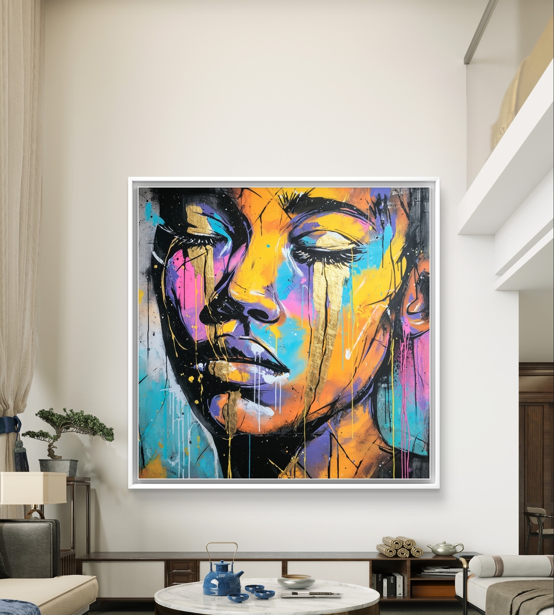 קנבס גרפיטי מודרני של פנים דרמטיות עם צבעים עזים ונגיעות זהב, אמנות אורבנית