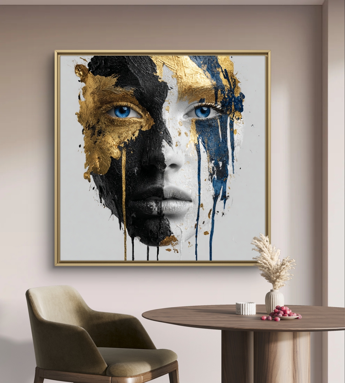 תמונת קנבס מרובעת עם דיוקן נשי אבסטרקטי בשחור ולבן, נגיעות זהב וכחול, הדפסה חלקה ללא תבליט