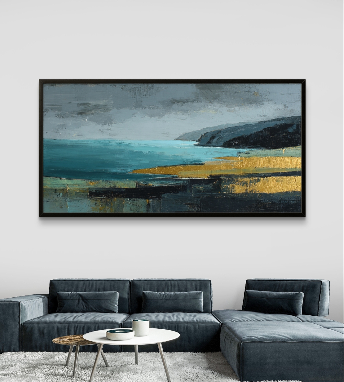 תמונת קנבס נוף ים אבסטרקטי בכחול וזהב – קנבס לסלון לרוחב--דגם CC4561