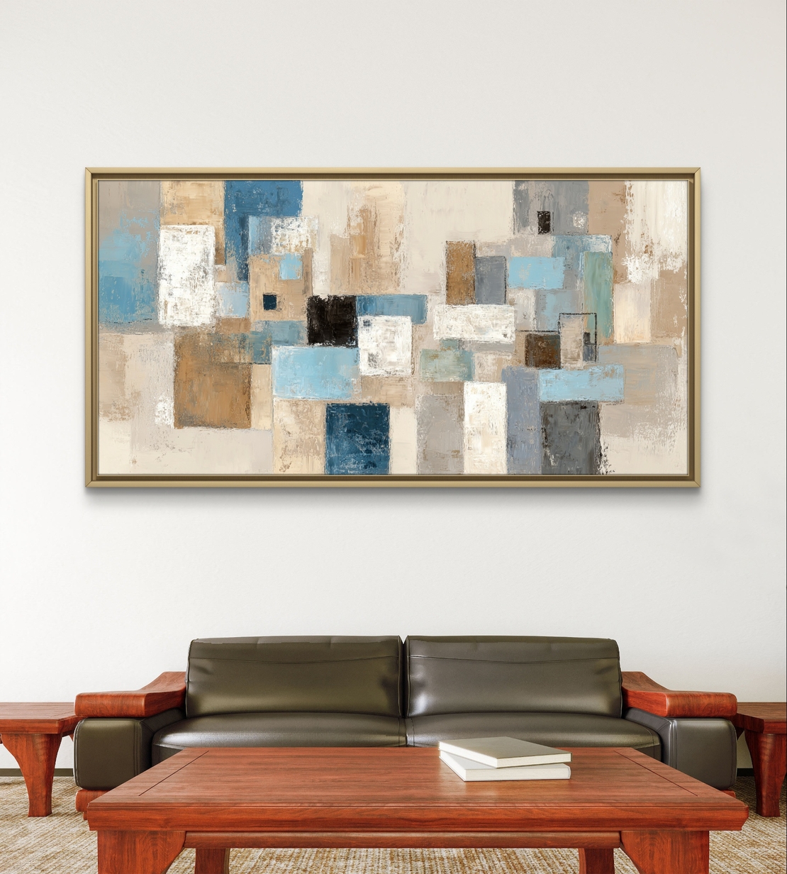 תמונת קנבס לרוחב בעיצוב אבסטרקטי גאומטרי בגווני תכלת, אפור ושמנת לסלון מודרני