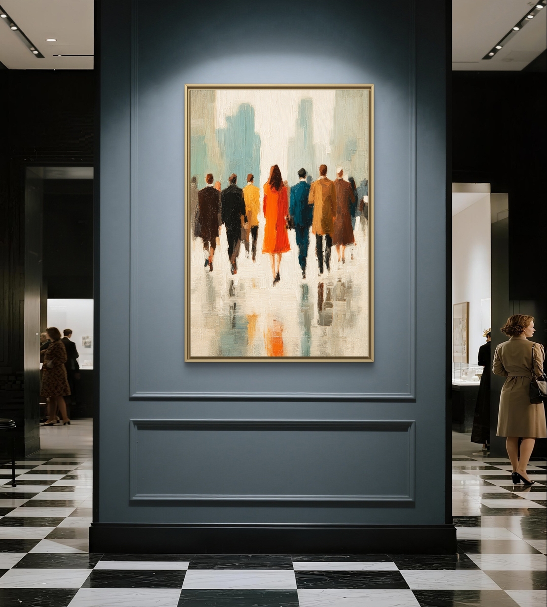 תמונת קנבס אנכית עם דמויות מהלכות בעיר ודמות מרכזית בשמלה כתומה