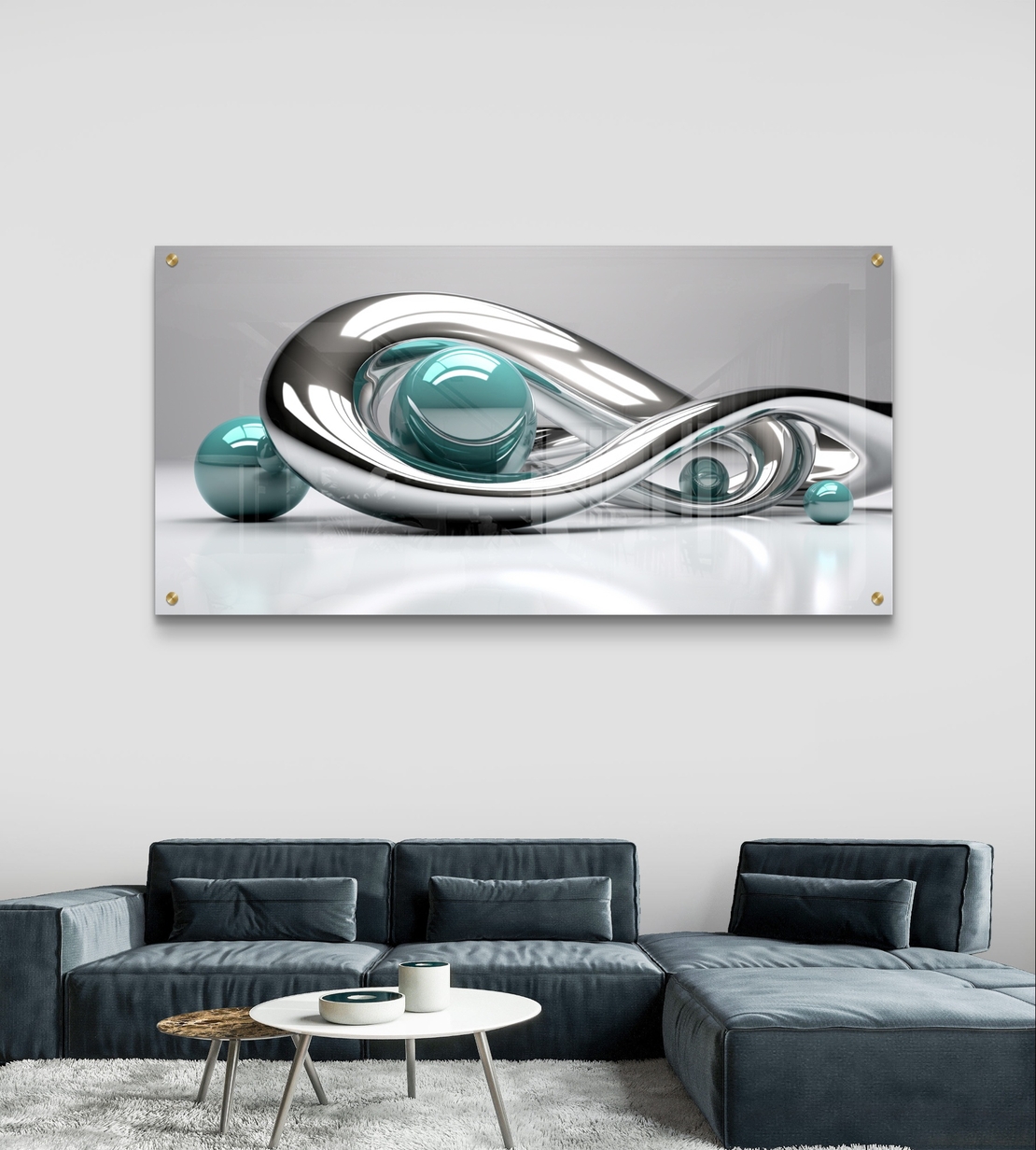 אינסוף כרום – תמונת זכוכית אבסטרקטית עם קימורי כסף וכדורי טורקיז | GP1391