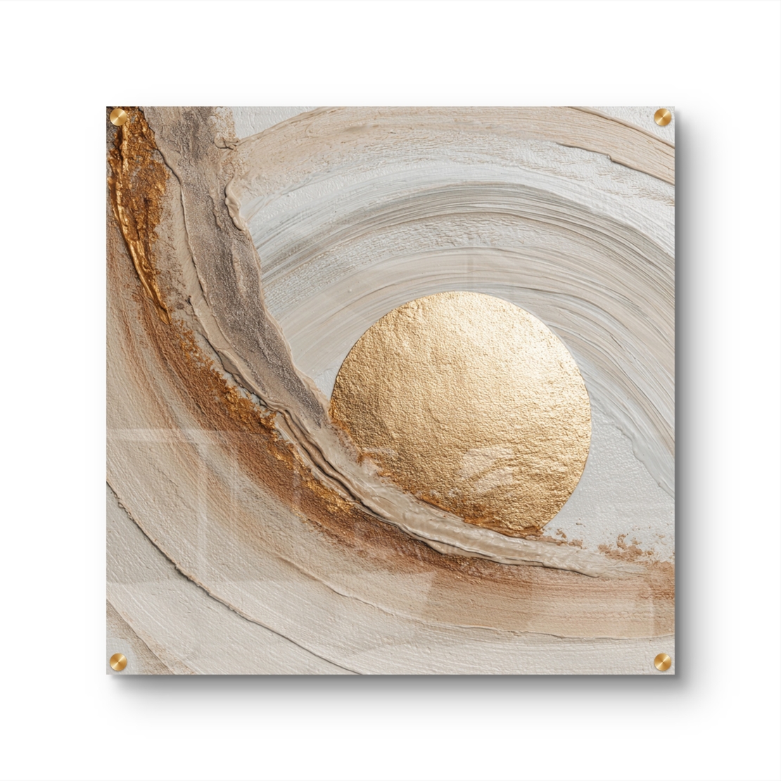 תמונת זכוכית מרובעת אבסטרקטית בגווני שמנת וזהב עם אלמנט עגול מרכזי וקווים מעוגלים